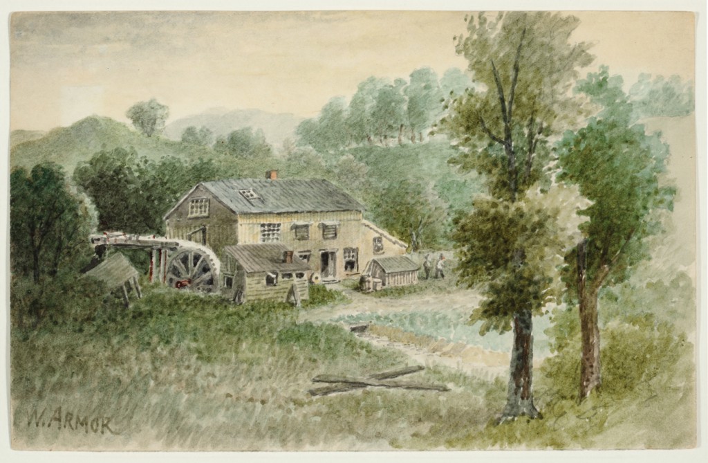 "The Mill at Millvale on the PRR" by William Gillespie Armor (American, 1834–1924). Watercolor, from the collection of Sheryl and Bruce Wolf.