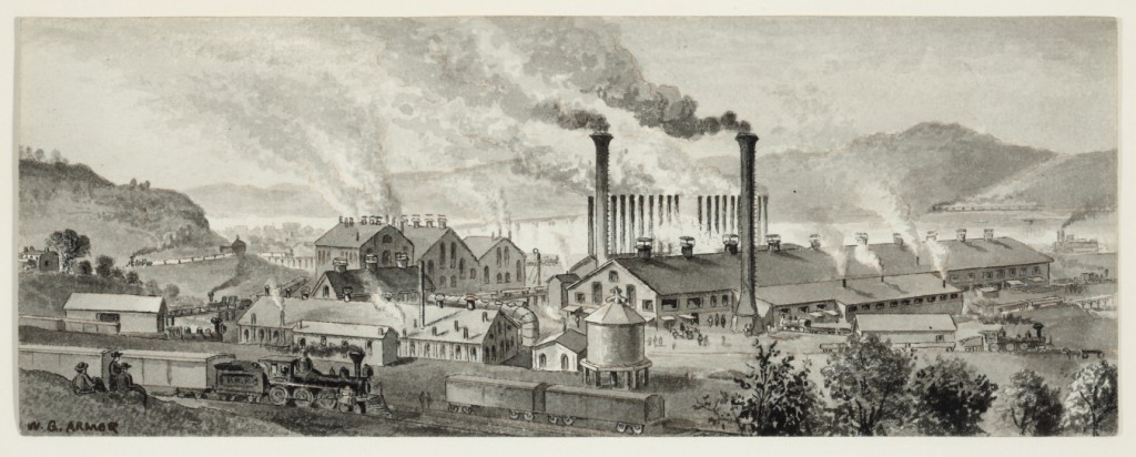 William Gillespie Armor, "View at Braddock’s Field at the Edgar Thomson Steel Works" (c. 1876). Pen and ink with grey wash, 3 3/8 x 9 in. Collection of Sheryl and Bruce Wolf.