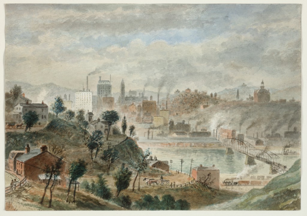 Pittsburgh's prosperous skyline in William Gillespie Armor's "Pittsburgh from Mount Washington" (1907). Watercolor, collection of Sheryl and Bruce Wolf.