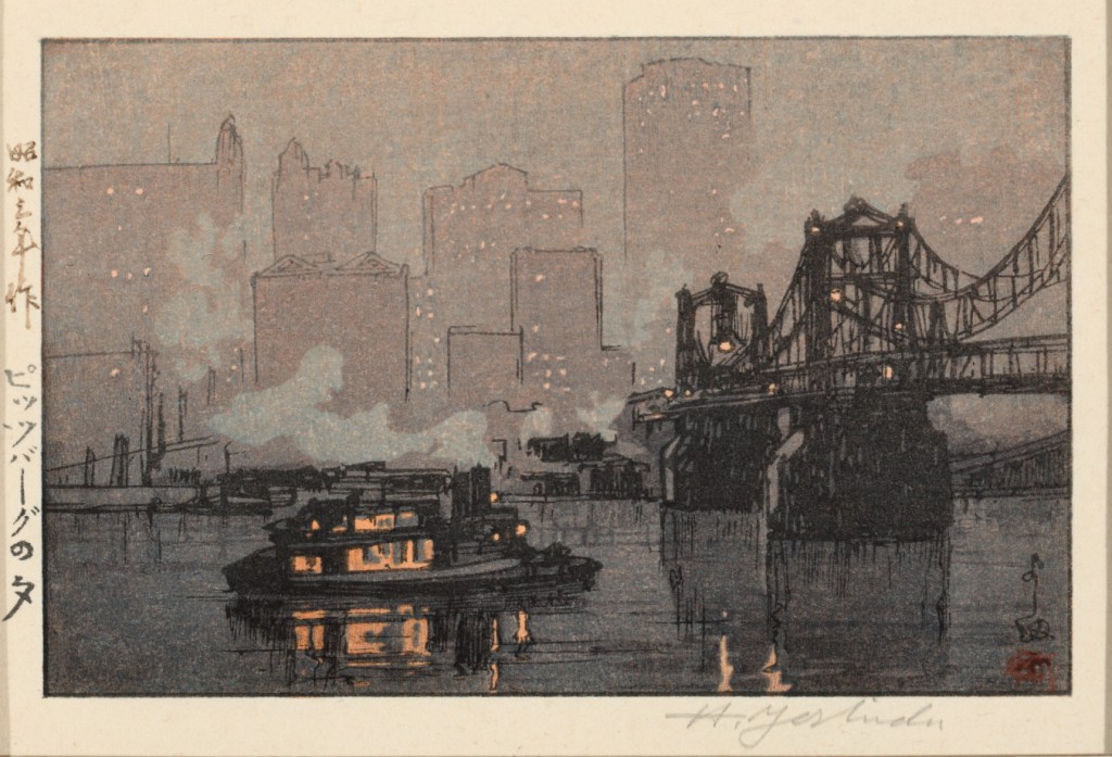 "Night Rain at Pittsburgh" (1928), a color woodcut by Yoshida Hiroshi (Japanese, 1876–1950). Collection of Sheryl and Bruce Wolf.