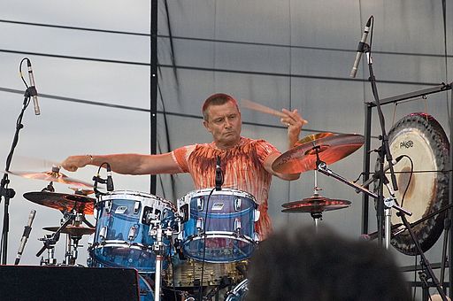 Carl Palmer in action on his drum kit. photo: jomelia. Wikipedia Commons