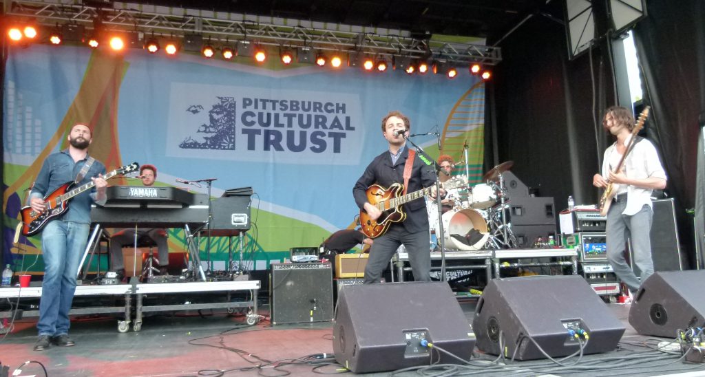 Dawes jamming the Arts Festival audience. (l. to r.), Duane Betts, Lee Pardini, Taylor Goldsmith, Griffin Goldsmith, and Wylie Gelber.