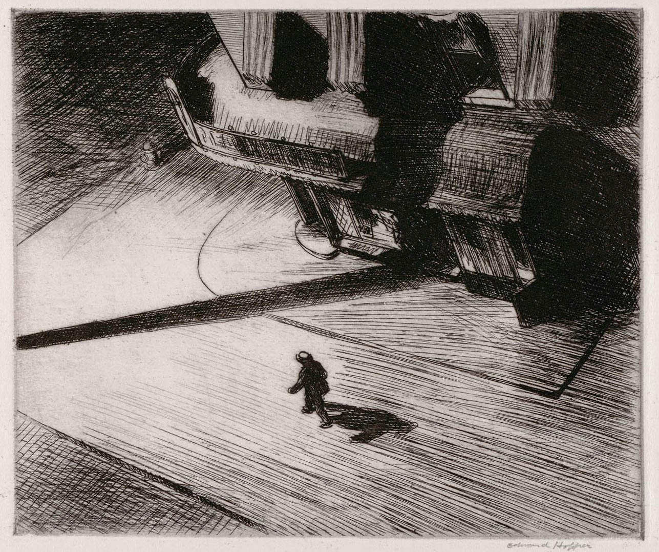 Hopper's spooky 1921 etching "Night Shadows" is part of the special exhibit at Carnegie Museum. The show includes bright and sunny rural scenes, too, though it's unsure if this man will find them.