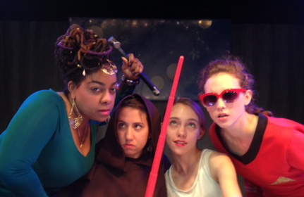 In Carol Mullen's outer-space farce 'Nightingale,' the mothership is in trouble and the sisters are spooked. Actors (L to R) are Crystal Noel, Alaina Gilchrist, Corinne Paulson, and Samantha Westervelt. 