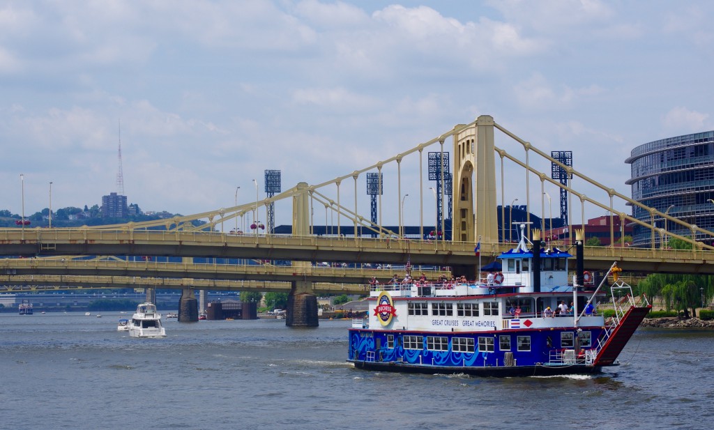 The Duchess passes under the Three Sisters bridges, seen from the Gateway Clipper's Brunch Cruise.
