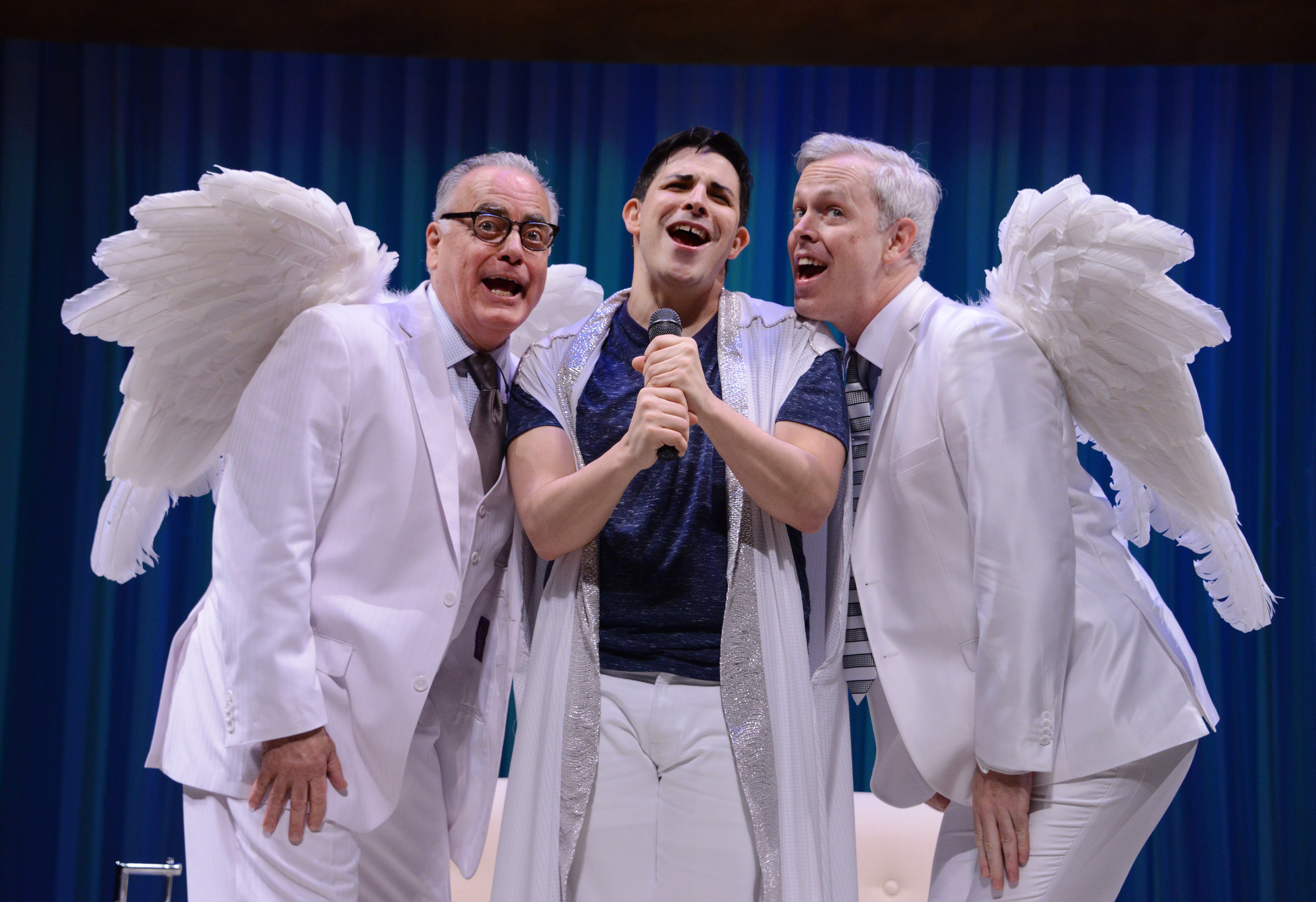 Sing it, guys! That's our patriarchal God (Marcus Stevens) in the center, naturally, flanked by angels Gabriel (John Shepard, L) and Michael (Tim McGeever).