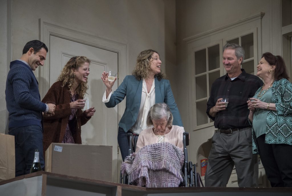 A scene from Pittsburgh Public Theater's latest production: 'The Humans.' Pictured: Cecelia Riddett in wheelchair then (left to right) Arash Mokhtar, Valeri Mudek, Courtney Balan, J. Tucker Smith, and Charlotte Booker. Photo: Michael Henninger.