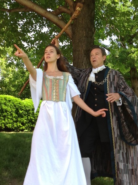 Serious business? Not here. It’s Miranda (Colleen Pulawski) espying a MAN, while father Prospero (Ron Siebert) casts a spell, in a play that’s “Restoration comedy with overtones of Monty Python and Blackadder.”