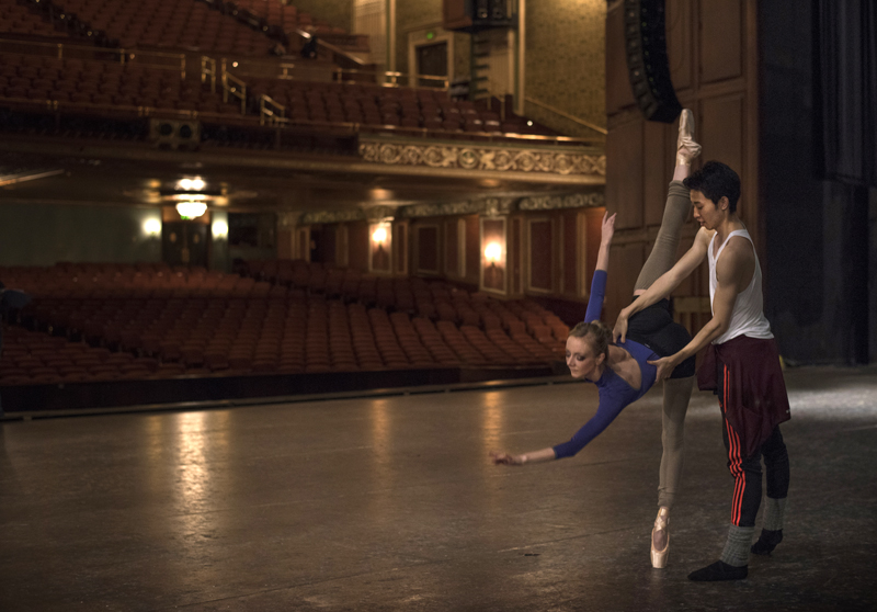Soloist Hannah Carter and principal dancer Yoshiaki Nakano rehearse onstage at Benedum Center before doors open for The Nutcracker. Carter was playing the role of Mrs. Stahlbaum that night.