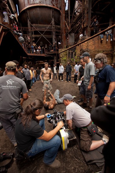 Filming at Carrie Furnaces:  the setting is awesome.  And Rodney Baze (Casey Affleck, center) is having a good fight.  