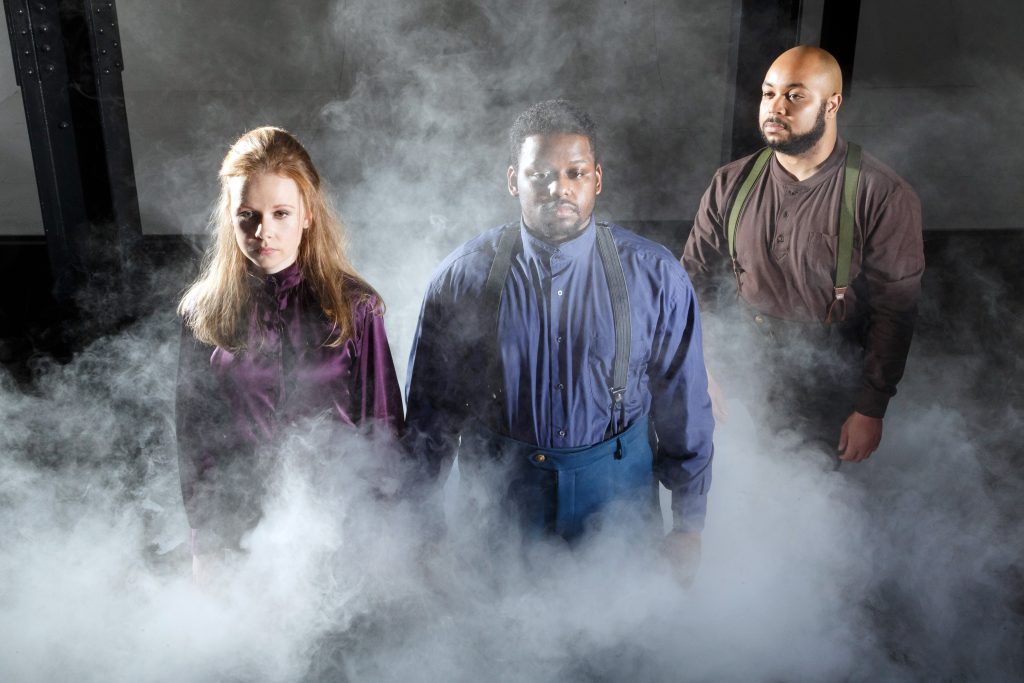 Pittsburgh Opera's 'In a Grove' features (l. to r.) Leona Raines (Madeline Ehlinger), Ambrose Raines (Andrew Turner), and The Outlaw Luther Harlow (Yazid Gray). (photo: David Bachman Photography)