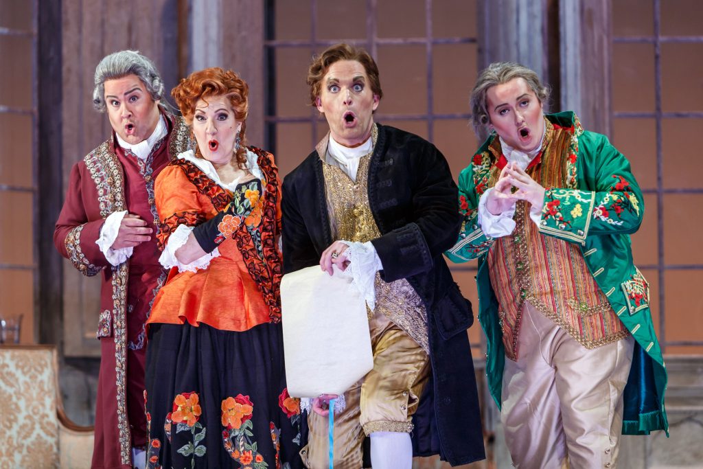 There is a shocking turnabout in 'The Marriage of Figaro.' Pictured L. to R.: Dr. Bartolo (Ricardo Lugo), Marcellina (Helen Schneiderman), Count Almaviva (Jarrett Ott), and Don Basillo (Daniel O'Hearn),