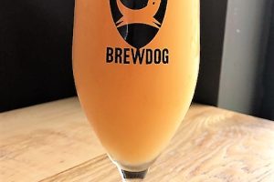 A crest of a cartoon pup with its head held high jumps over the word “Brewdog” in all caps on a glass of radiant Ladybird: Pink Boots IPA.