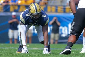 Pitt Panthers defensive lineman Dewayne Hendrix is in the ready position for the 2018 season and to get after opposing quarterbacks. Photo: Jeffrey Gamza/Pitt Athletics.