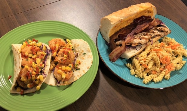 Shrimp po boy tacos and a bbq chicken sandwich with pasta salad are just two of The Smiling Moose’s offerings.