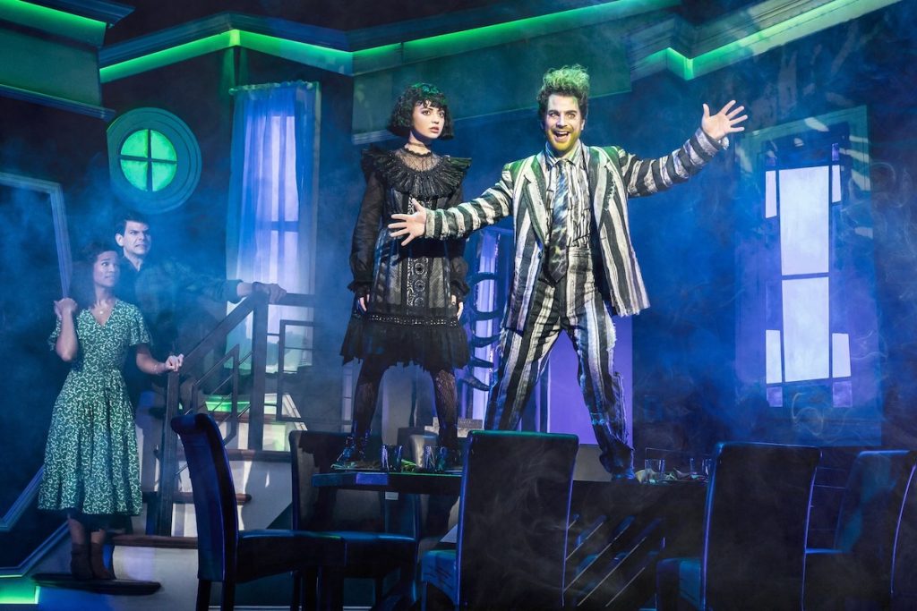 'Beetlejuice' stops in town this month for the PNC Broadway in Pittsburgh series. Seen here(L-R): Britney Coleman (Barbara), Will Burton (Adam), Isabella Esler (Lydia) and Justin Collette (Beetlejuice). (Photo: Matthew Murphy)