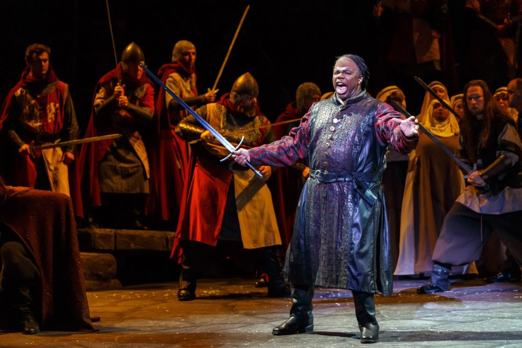 Pittsburgh Opera's 'Il Trovatore' has plenty of action, including singing and swordfights. Shown here is singing swordsman Conte di Luna (Lester Lynch). Credit: David Bachman Photography for Pittsburgh Opera.