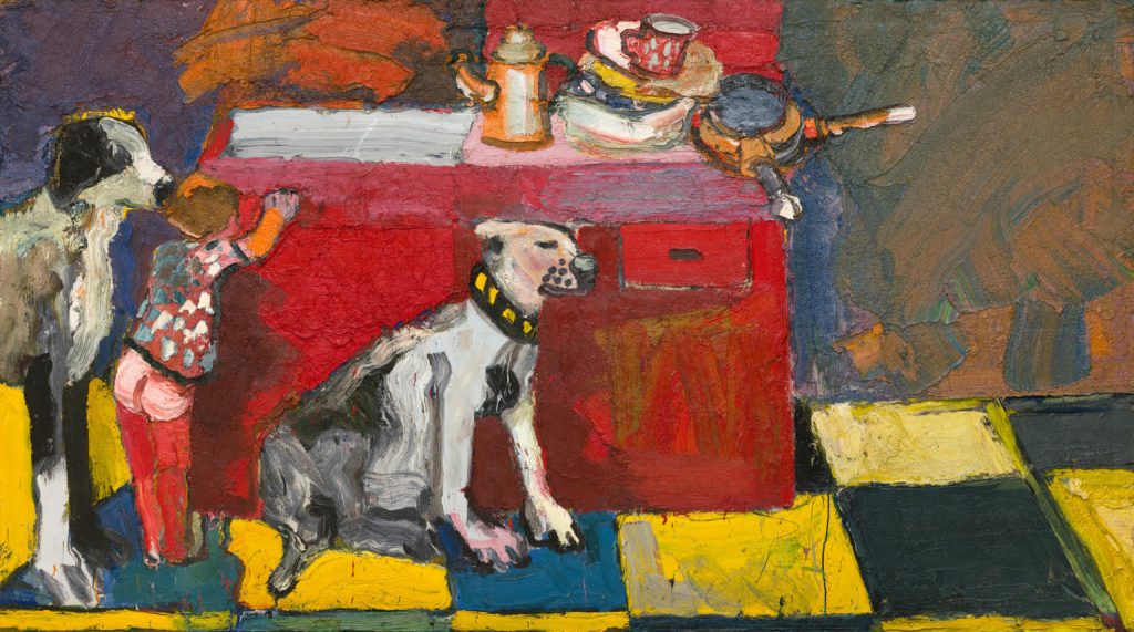 Joan Brown, Noel in the Kitchen, 1964 oil on canvas; 60 x 108 in. San Francisco Museum of Modern Art, Bequest of Dale C. Crichton © Estate of Joan Brown photograph: Katherine Du Tiel