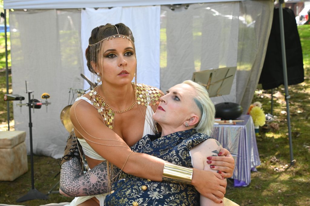 Cleopatra (Callee Miles) and Mark Antony (Harper York) are lovers in the Pittsburgh Shakespeare in the Parks production. of 'Cleopatra & Antony.' (Photo: Catherine Aceto)
