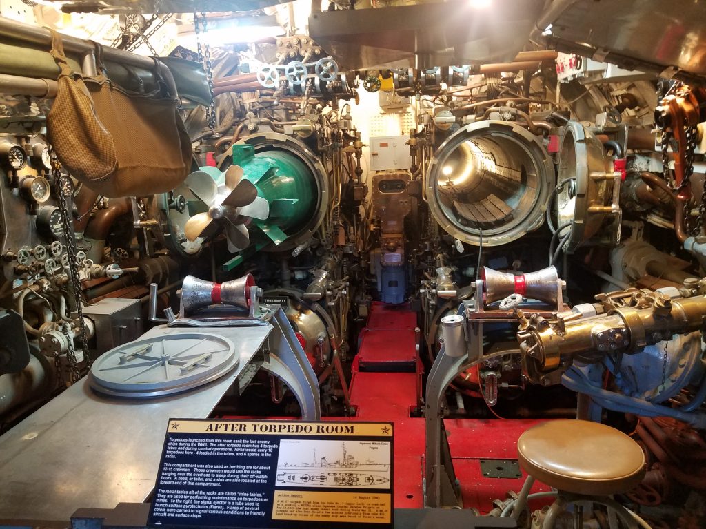 The torpedo room of the USS Torsk submarine.