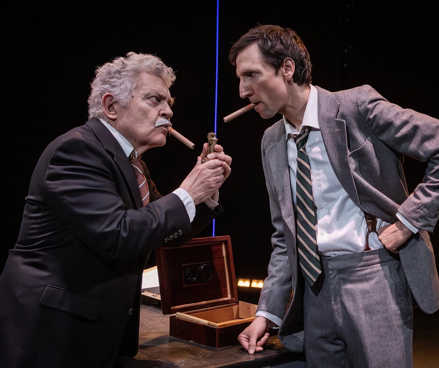 Sometimes a cigar is just a cigar, say Freud fans, but sometimes the symbolism is right out front. Old Robert (L) and young John are played by Sam Tsoutsouvas and Joseph McGranaghan in ‘A Life in the Theatre.’