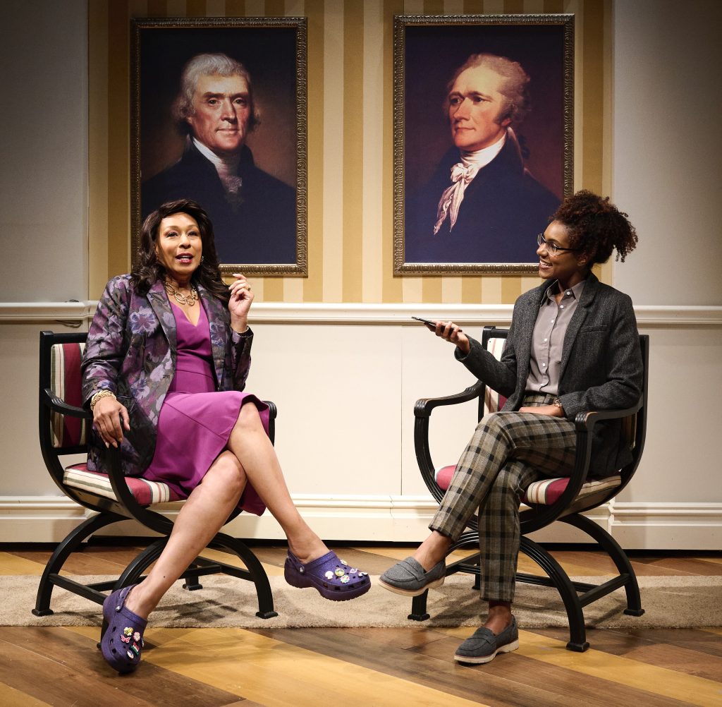 An exclusive interview: News correspondent Chris (Saige Smith, R) thinks she's about to get deep insights into the character of First Lady Margaret (Tamara Tunie). She doesn't know how deeply bizarre the insights will be. (photo: Kristi Jan Hoover)