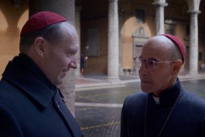 (L. to R.) Ralph Fiennes as Cardinal Lawrence and Stanley Tucci as Cardinal Bellini in director Edward Berger's 'Conclave,' a Focus Features release. (Photo: Courtesy of Focus Features. © 2024 All Rights Reserved.)