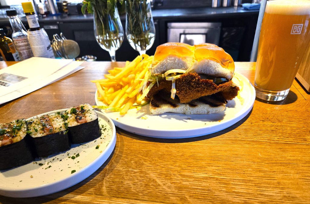 (L. to r.) Spam Musubi, Pork Tonkatsu Sandwich, and a perfectly poured General Braddock's IPA.