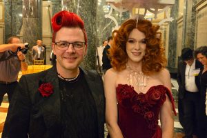 The lady in red (Joanna Wentling) and her matching designer (Brian David).