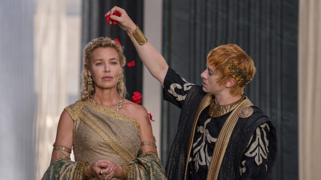 Connie Nielsen continues in her role as Lucilla from the original film. Seen here with Joseph Quinn who plays Emperor Geta.