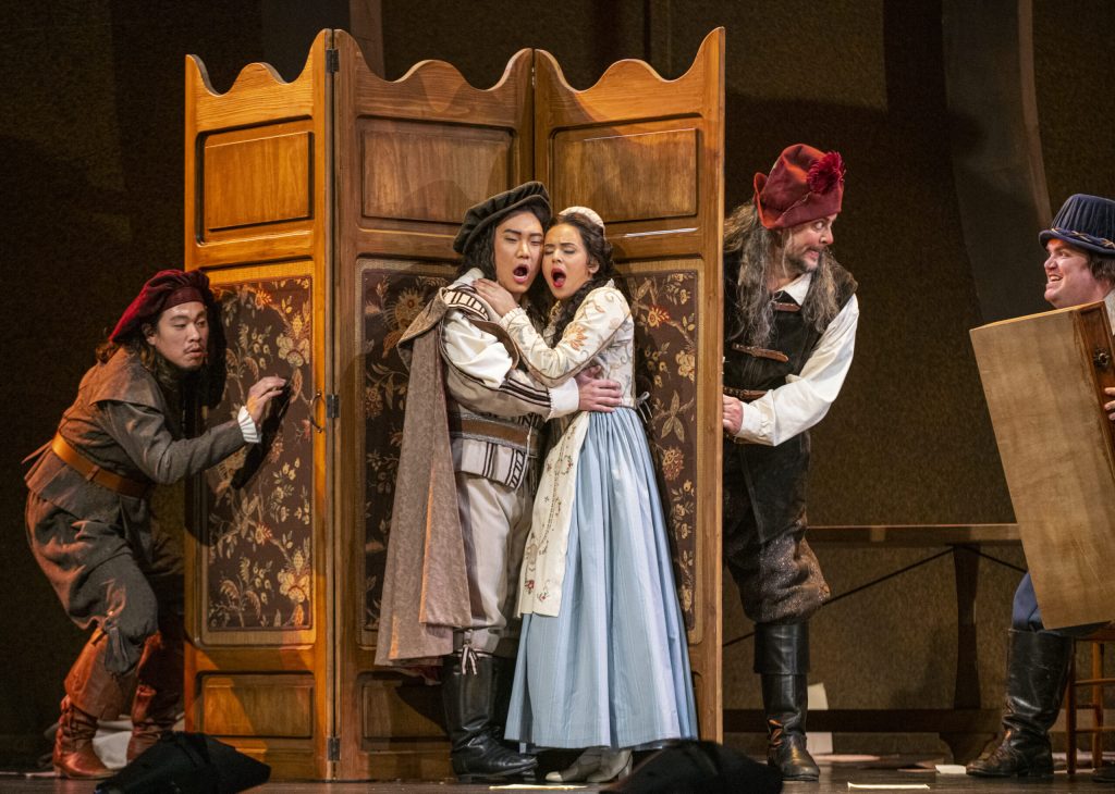 From San Jose Opera, Falstaff is thrilled by his all-too-clever antics in wooing a wife of Windsor. Of course, he’ll be 'cut to the quick,' as only Shakespeare might show it. (Photo by David Allen.)