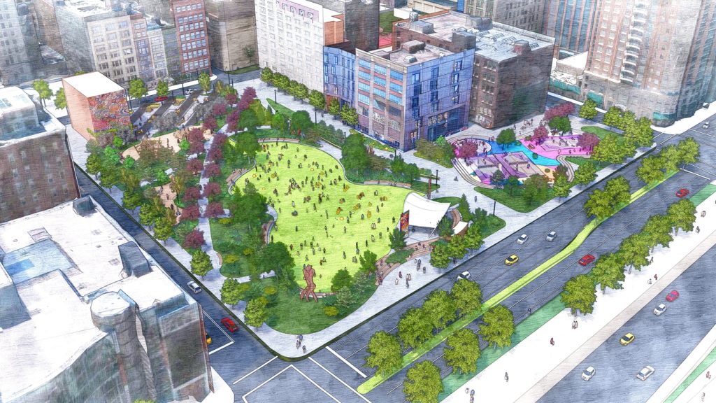 An aerial view of the new Arts Landing civic space. (A rendition of the Great Lawn during the summer season. (Rendering by Field Operations courtesy of the Pittsburgh Cultural Trust)