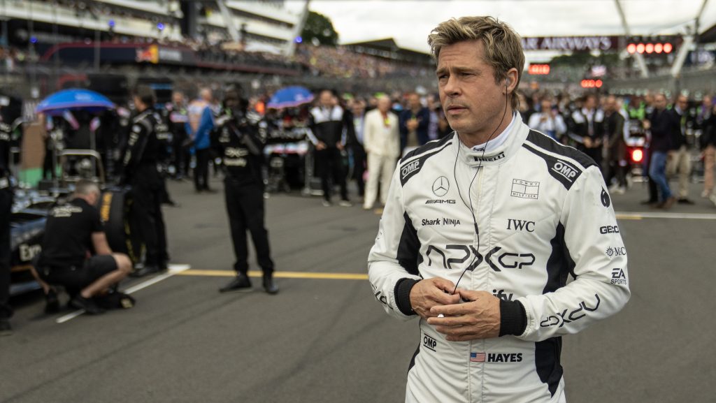 Brad Pitt plays Sonny Hayes, an aging race veteran pushed into a comeback try on the F1 racing circuit. Copyright: © 2025 Warner Bros. Entertainment Inc. All Rights Reserved. Photo by Scott Garfield  Courtesy Warner Bros. Pictures / Apple Original Films.