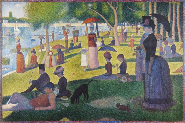 George Seurat’s Neo-impressionistic masterpiece, Un Dimanche après-midi à l'Île de la Grande Jatte or (as Americanized) Sunday in the Park, hangs today at the Art Institute of Chicago. (Public domain at Wikipedia.)