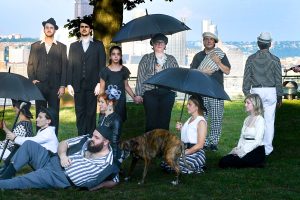 The large cast of Front Porch's 'Sunday in the Park with George' seen here enjoying one of Pittsburgh's beautiful parks. (Photo by Deana Muro.)