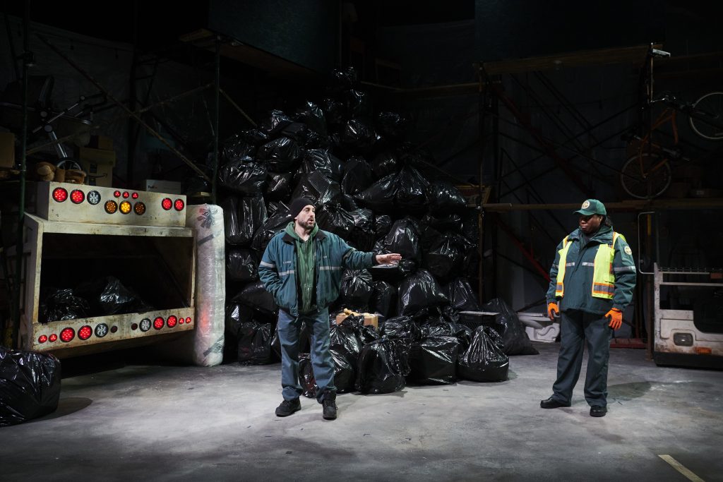 Danny (Jason Babinsky) and Marlowe (Bria Walker) learn lessons of life as they work as garbage collectors in City Theatre's 'Garbologists.' (Photo: Kristi Jan Hoover)