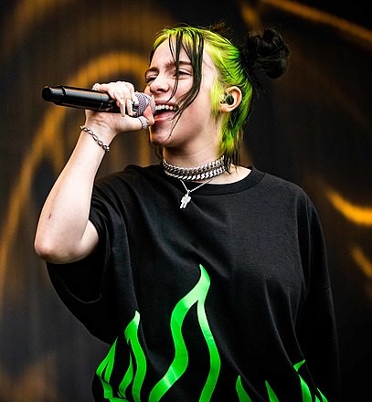 Billie Eilish performing at Pukkelpop Music Festival in Kiewit, Hasselt, Belgium in 2019. (photo: crommelincklars and Wikipedia)