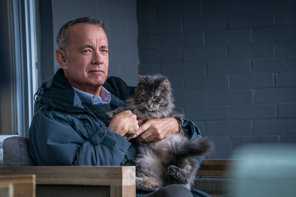 “Everyman" Tom Hanks, in A Man Called Otto, cuddles the cat that otherwise annoys him on a daily basis.