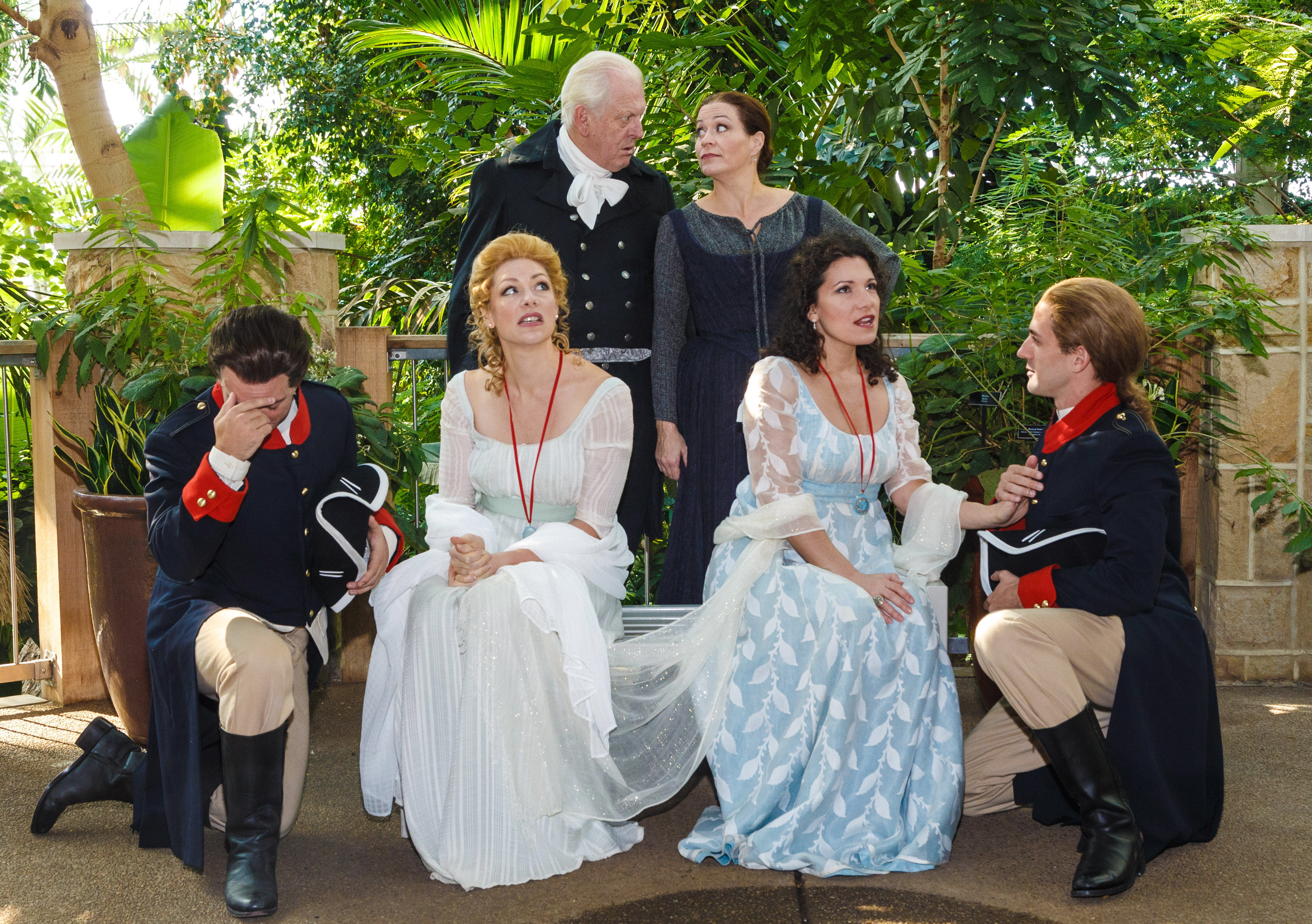 Hmm, hmm, so many new plays, what shall we see? Actually these are lead cast members in an old classic, Mozart's "Cosi Fan Tutte" at Pittsburgh Opera. Front, L to R: Christopher Tiesi, Jennifer Holloway, Danielle Pastin, Hadleigh Adams. Standing: Sir Thomas Allen and Sari Gruber.
