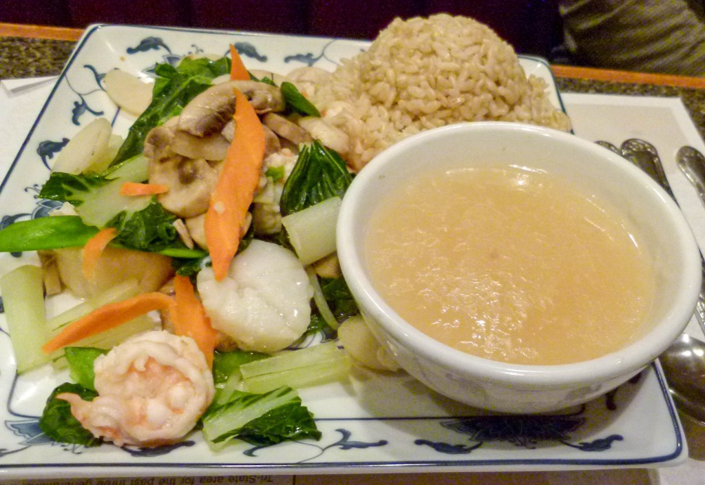 J.B's Shrimp and Steamed Brown Rice with the sauce on the side.