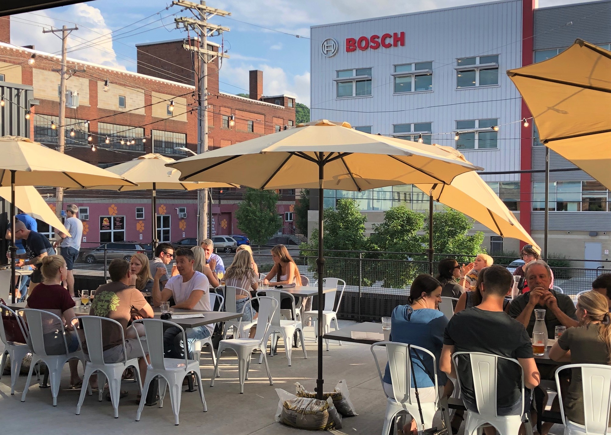 The second floor patio offers outdoor dining during temperate Pittsburgh days and nights.