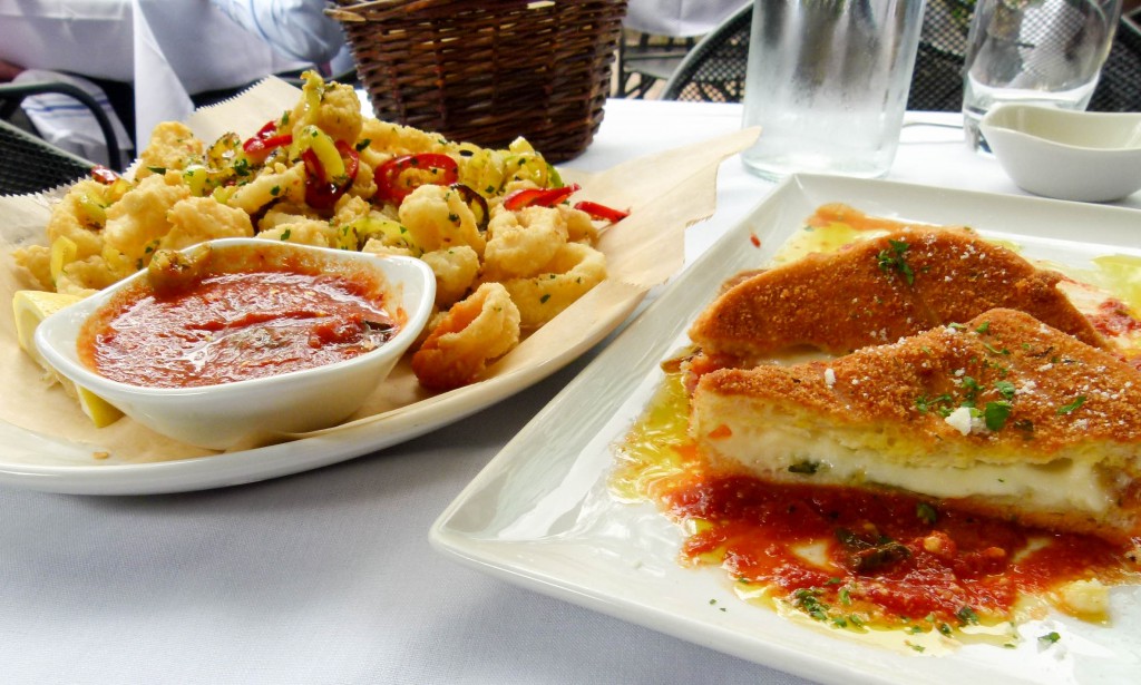 mozzarella in carrozza (r.) and calamari arrabiata style (l.) allow for an alliterative and delicious pairing of antipastos. Carrozza means "carriage" in Italian. In this case, the "carriages" are filled with mozzarella.