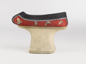 Chinese. Manchu Woman's Shoe, 19th century. Cotton, embroidered satin-weave silk. Brooklyn Museum, Brooklyn Museum Collection, 34.1060a, b. Photo: Sarah DeSantis, Brooklyn Museum.