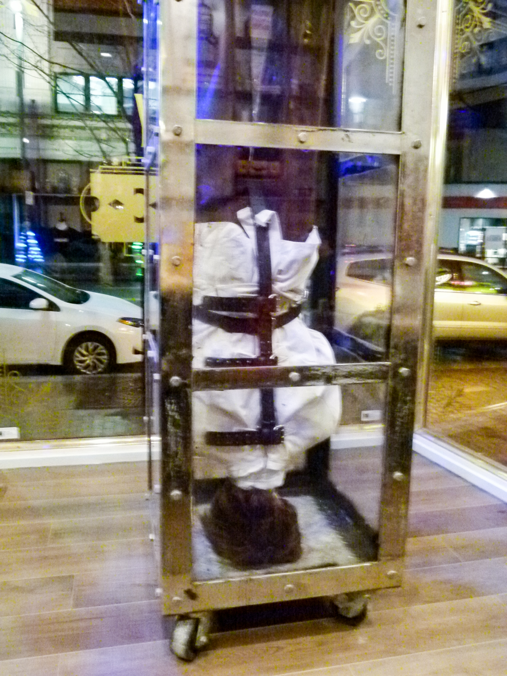 The straitjacketed mannequin hanging upside down in the front window.
