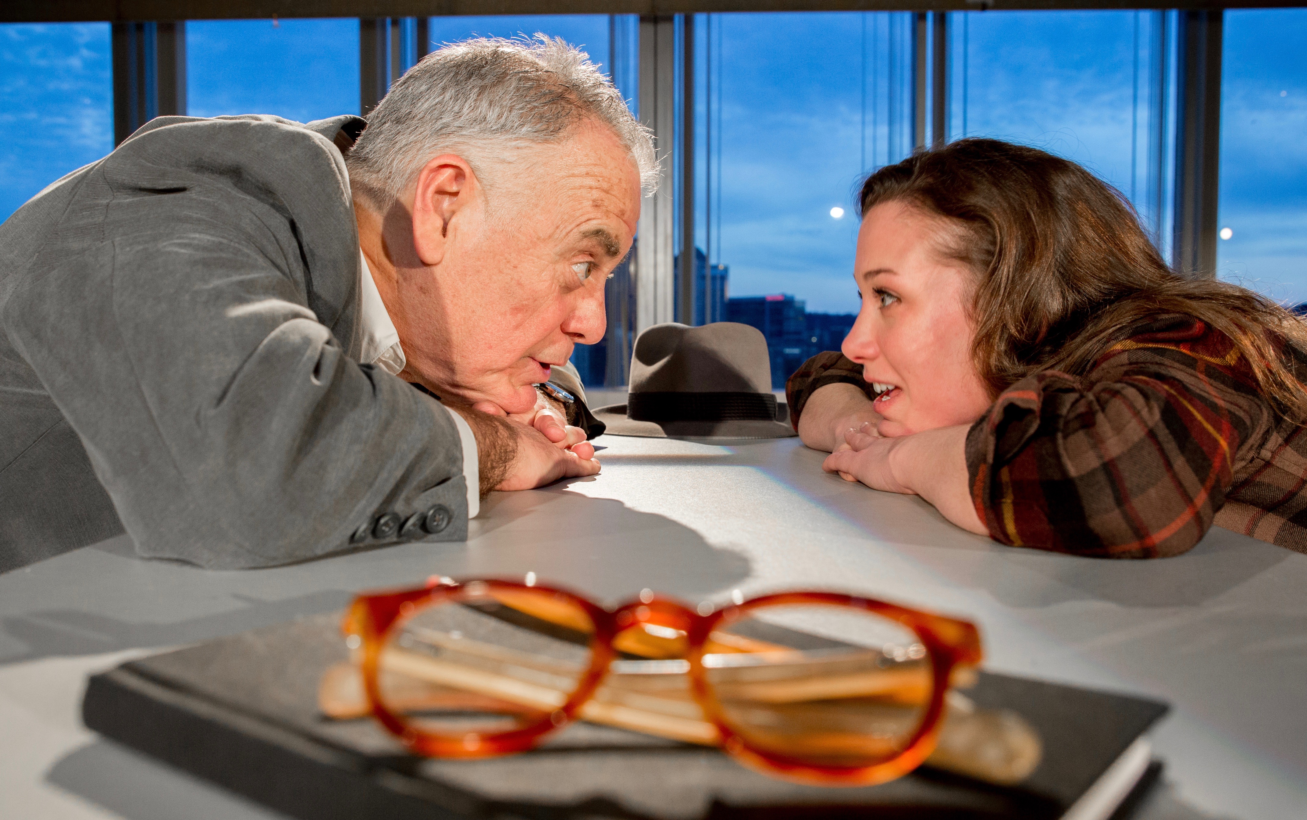 Master builder Solness (John Shepard) and Hilda (Hayley Nielsen) see eye-to-eye, but not clearly: Solness isn't wearing his reality specs.
