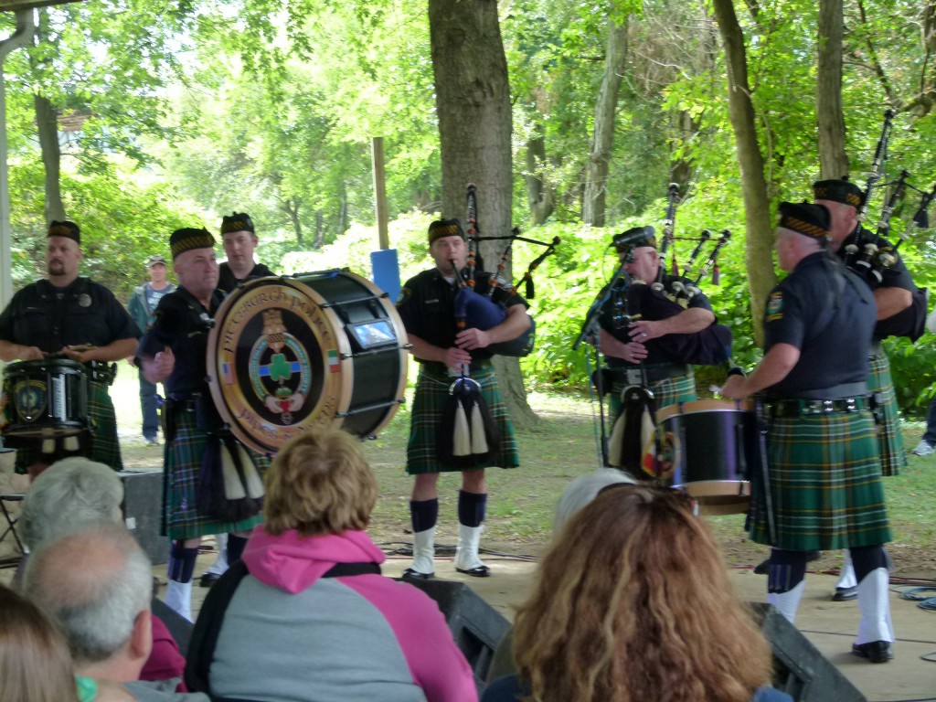 The Pittsburgh Police Emerald Society Pipes and Drums unit in action.