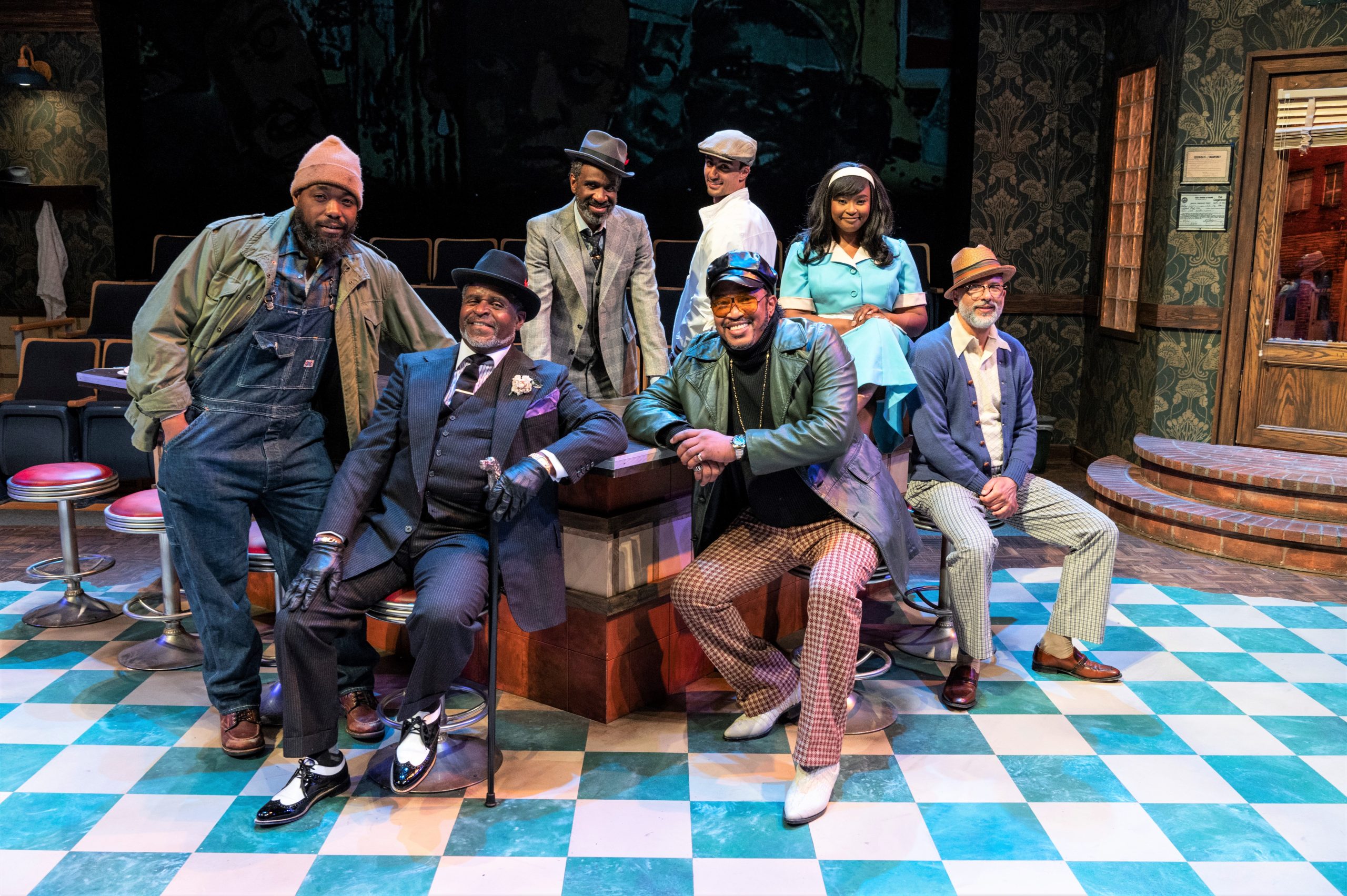 The cast of 'Two Trains Running,' (l. to r.): Hambone (Ananias J Dixon), West (Wali Jamal), Memphis (Brian D. Coats), Sterling (standing, Brenden Peifer), Wolf (Brian Starks), Risa (Melessie Clark), and Holloway (Justin Emeka).