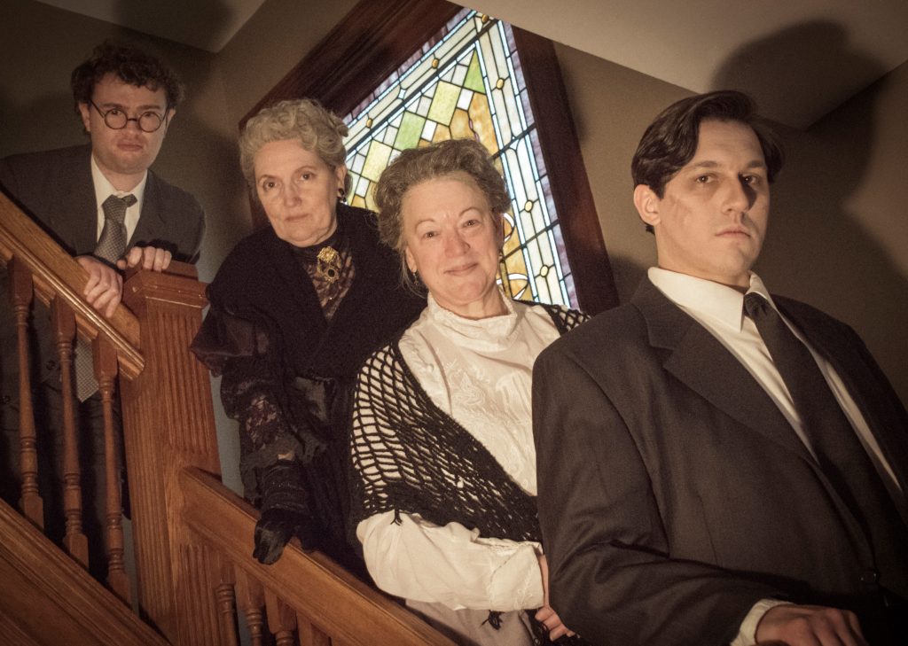 In Prime Stage's 'Arsenic and Old Lace,' Matt Henderson (Dr. Einstein), Suzanne Ward (Martha Brewster), Lynne Franks (Abby Brewster) and Alex Blair (Jonathan Brewster), are a group one would do well to steer clear of. (Photo Credit: Laura Slovesko)