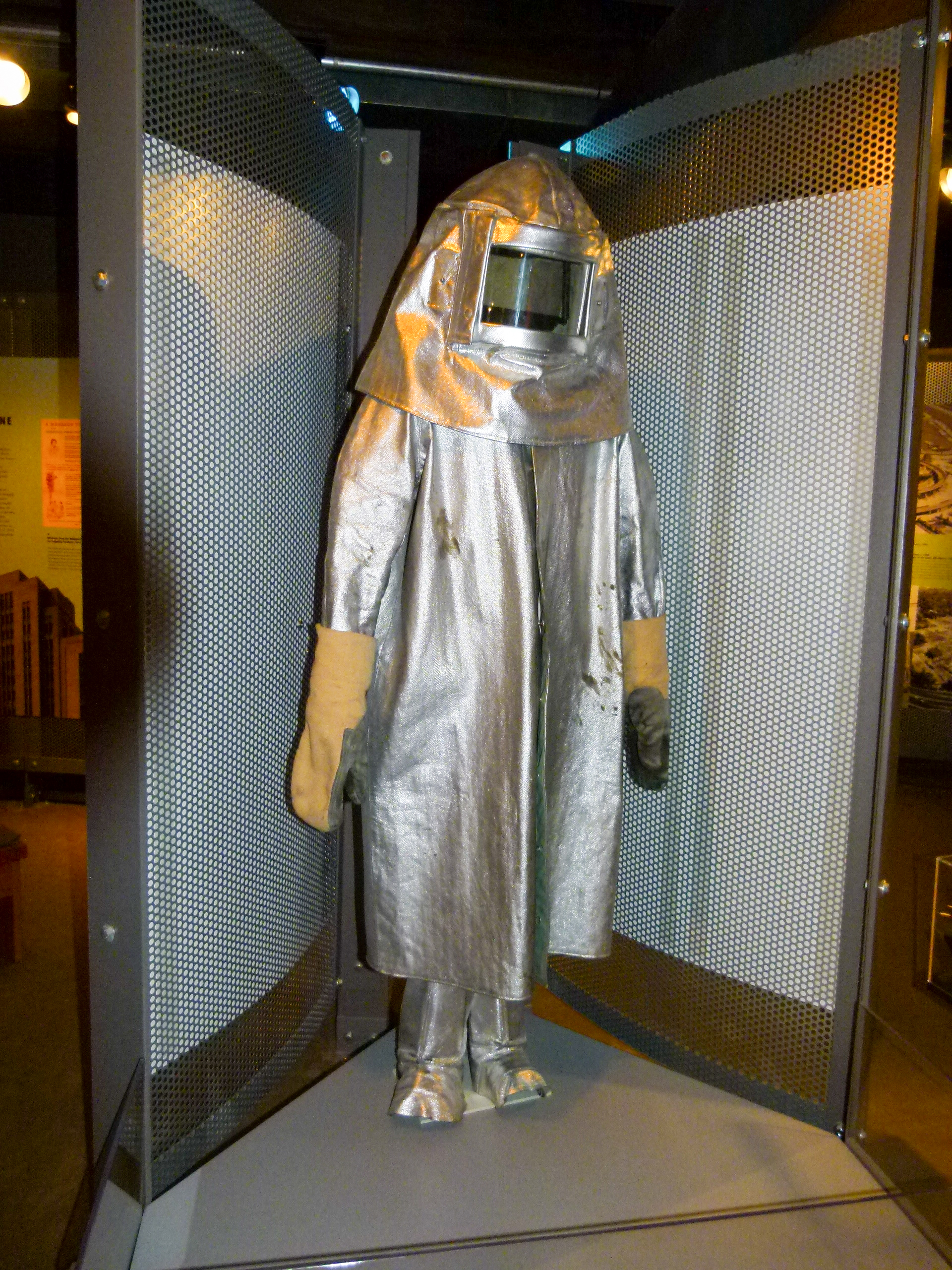 No this isn't an early NASA spacesuit, it's protective gear that steelworkers working close to the blast furnace wear.