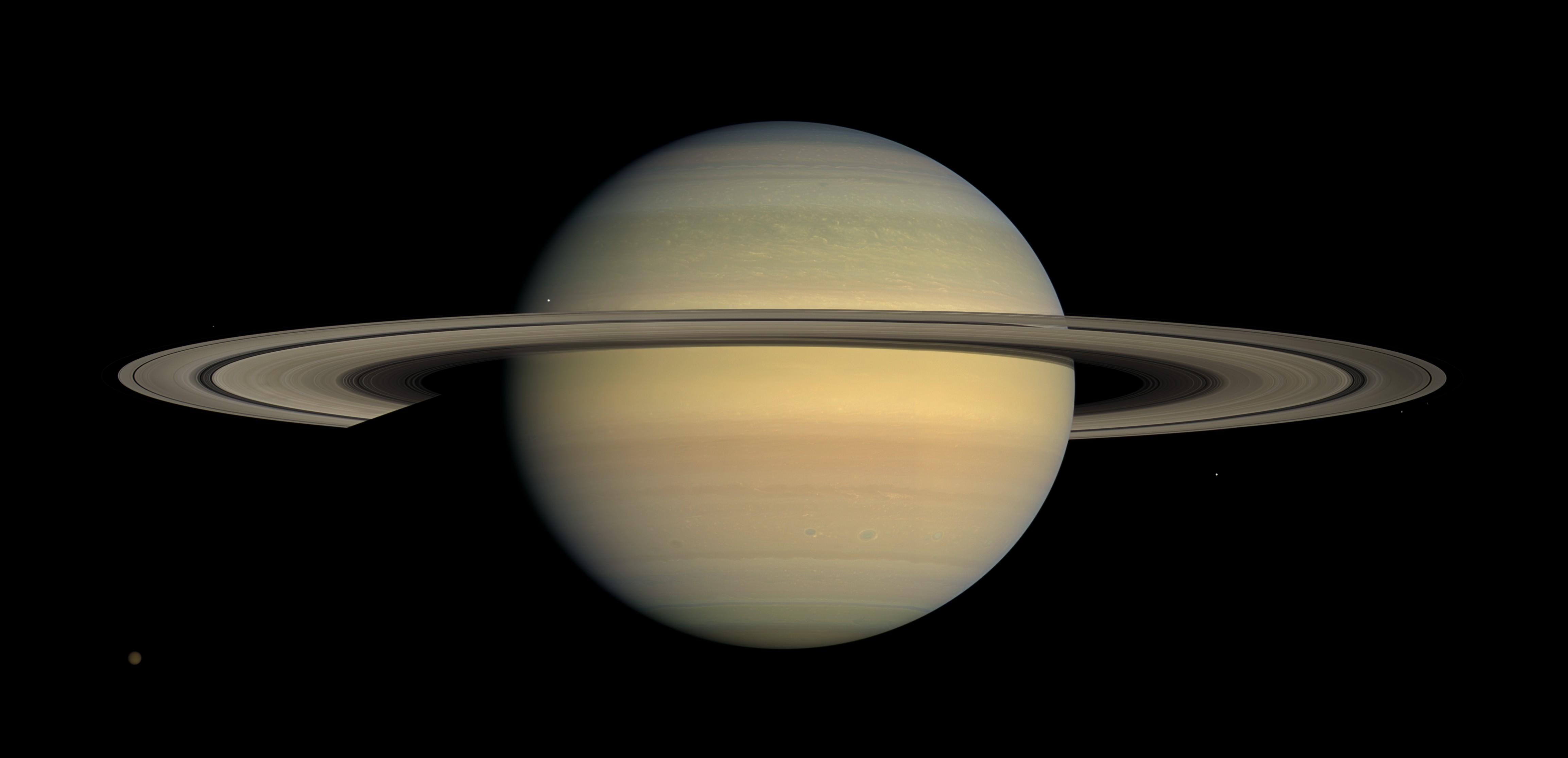 Saturn, god of abundance and sixth planet from the Sun. This image is from NASA's Cassini spacecraft but the planet and its rings are visible through a telescope from Pittsburgh.